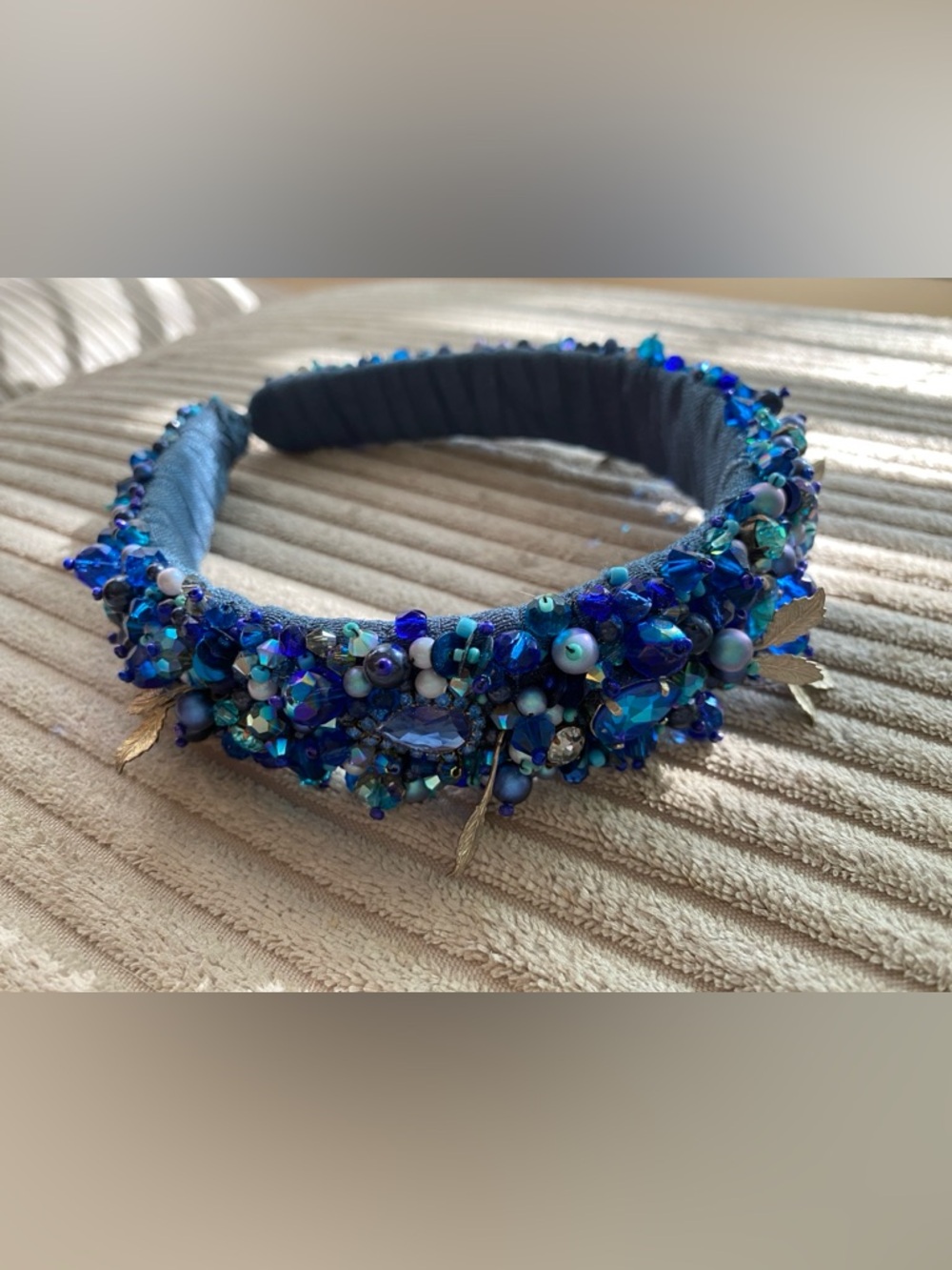 Handmade Swarovski  Blue Crystal Beaded Headband  Jeweled Hair Accessory